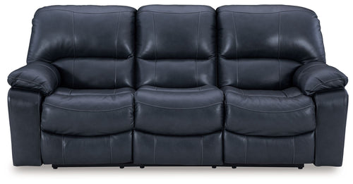 Leesworth ocean reclining sofa in blue with three padded headrests and rolled arms.