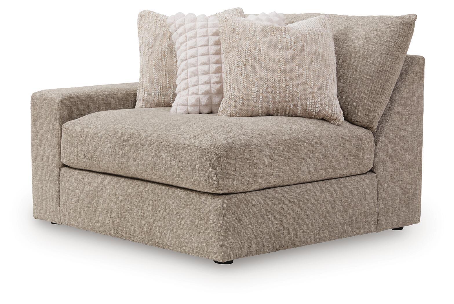 Nexora-Court LAF corner chair with light burlap beige upholstery and three throw pillows