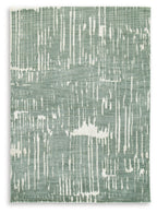 Light blue abstract area rug with distressed pattern, flat weave look