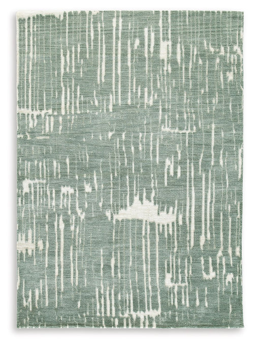 Light blue abstract area rug with distressed pattern, flat weave look