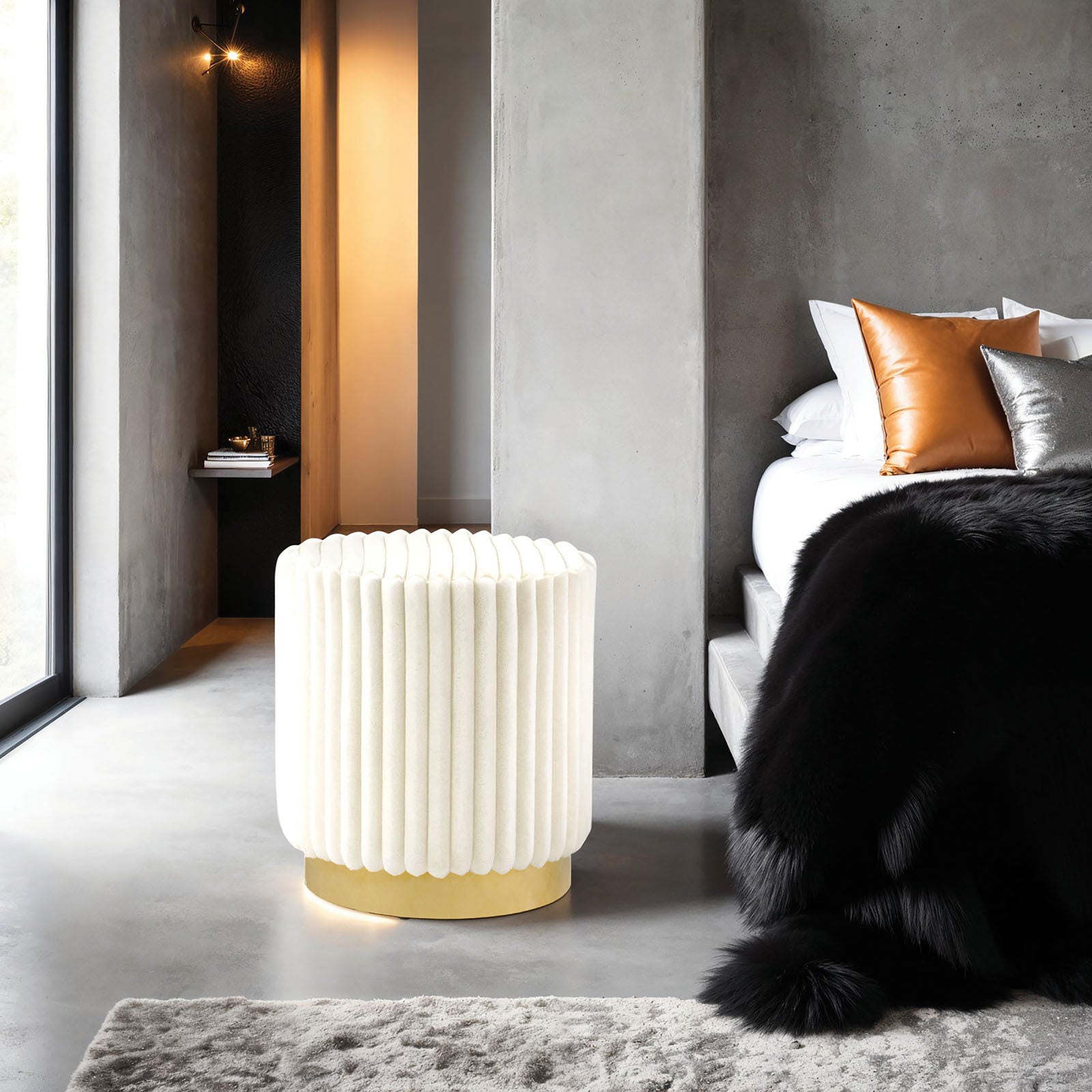 Contemporary Round Accent Stool - Gold Base, Beige Fur