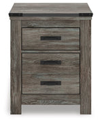 Gray two-drawer night stand with two drawers and dark bar handles
