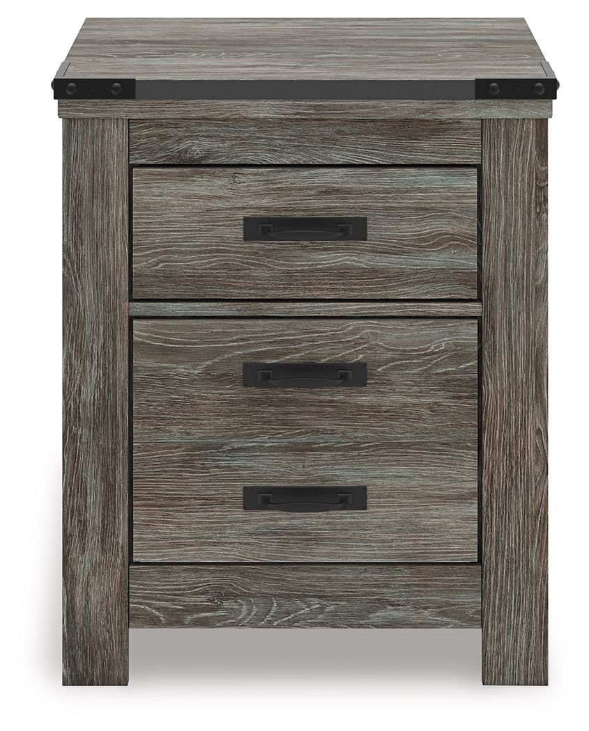 Gray two-drawer night stand with two drawers and dark bar handles