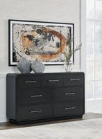 Black dresser with 9 drawers and silver bar handles, low wide cabinet