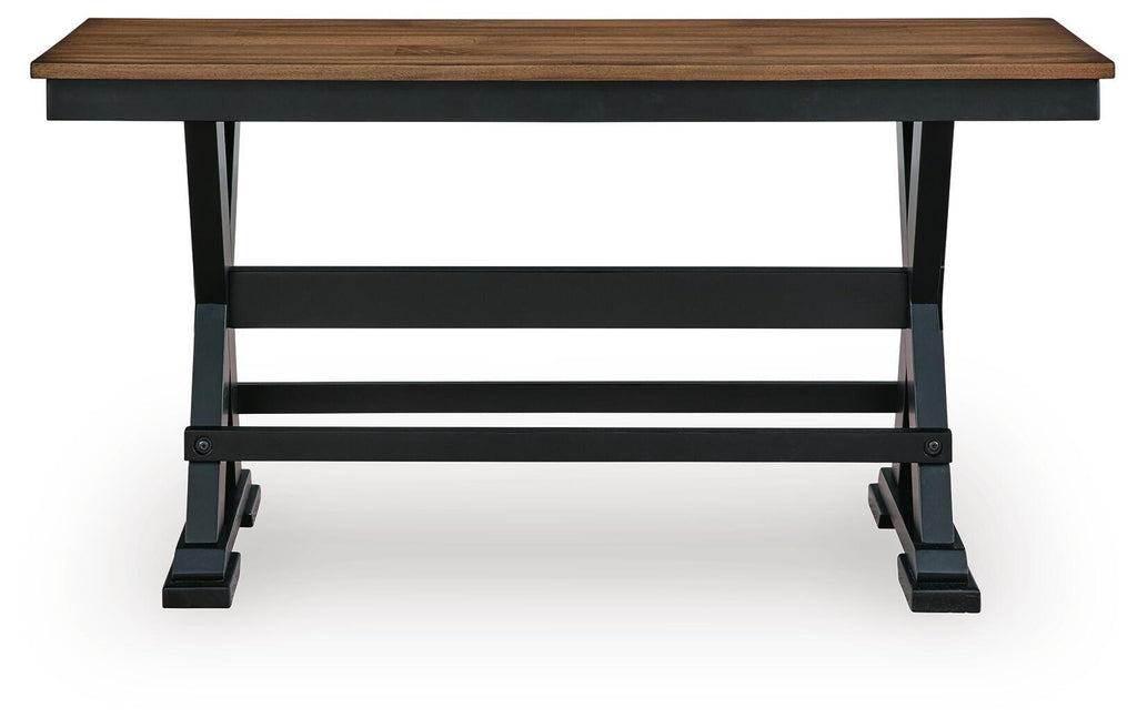 Dark brown dining bench with black frame and two slats under seat.
