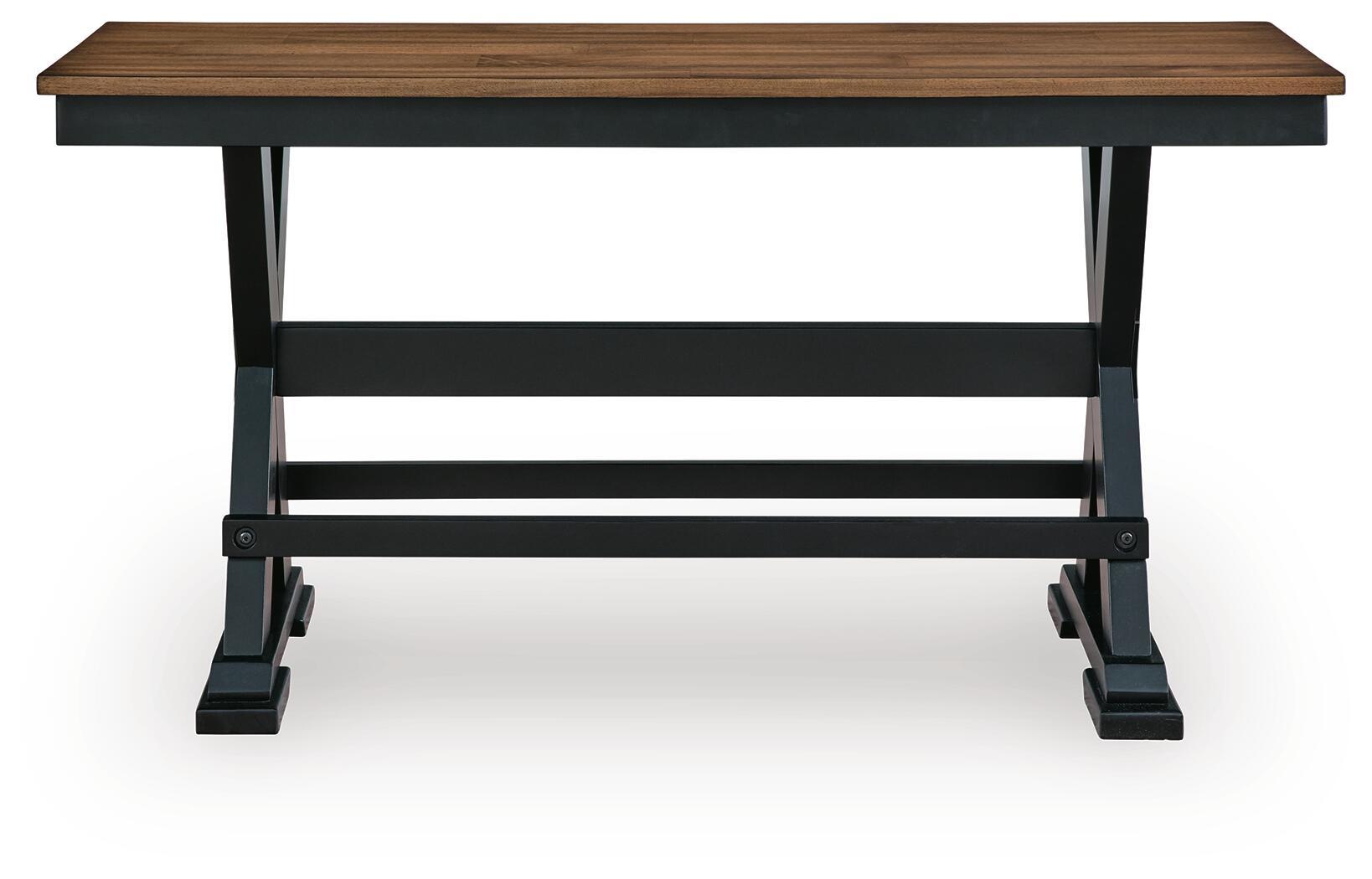 Dark brown dining bench with black frame and two slats under seat.