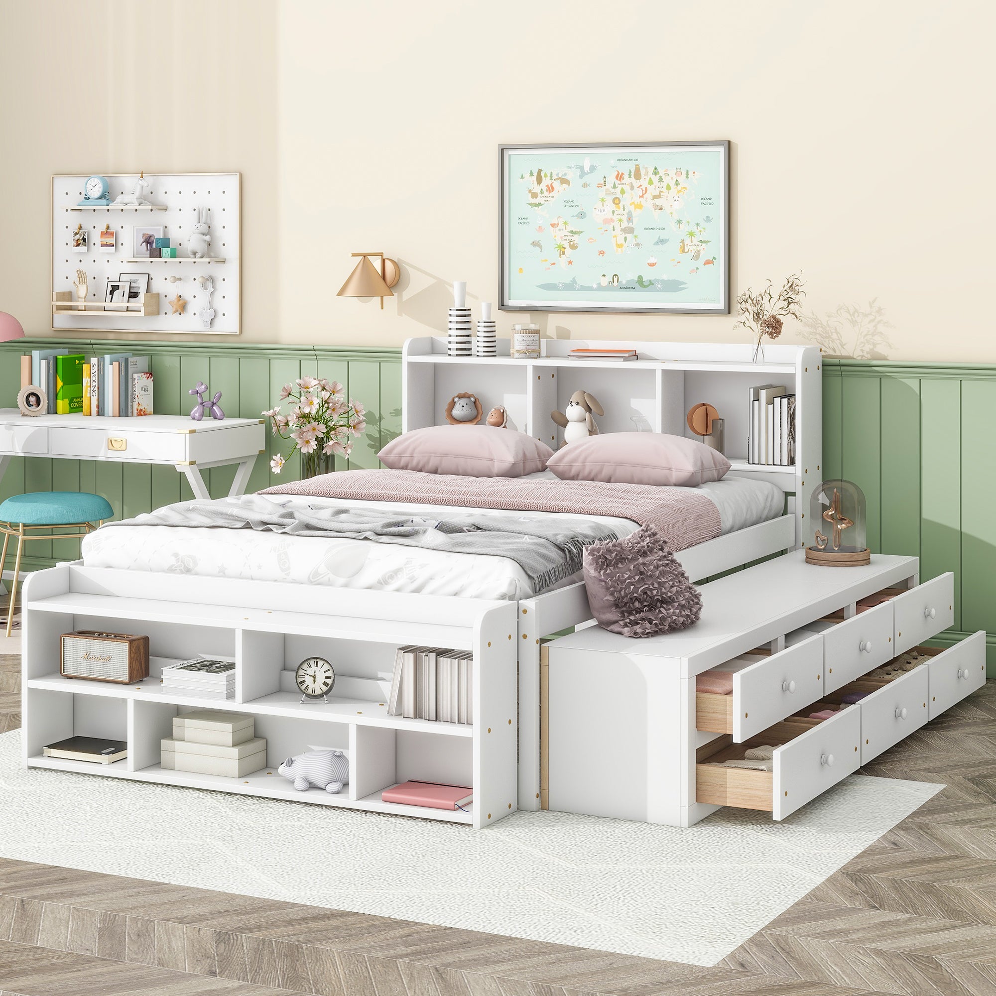 White Full Bed: Bookcase Headboard, Underbed & End Storage Drawers