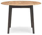 Round drop-leaf dining table with dark brown legs and light wood top