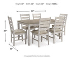 Dining table set with six white chairs, light wood-look finish, front view