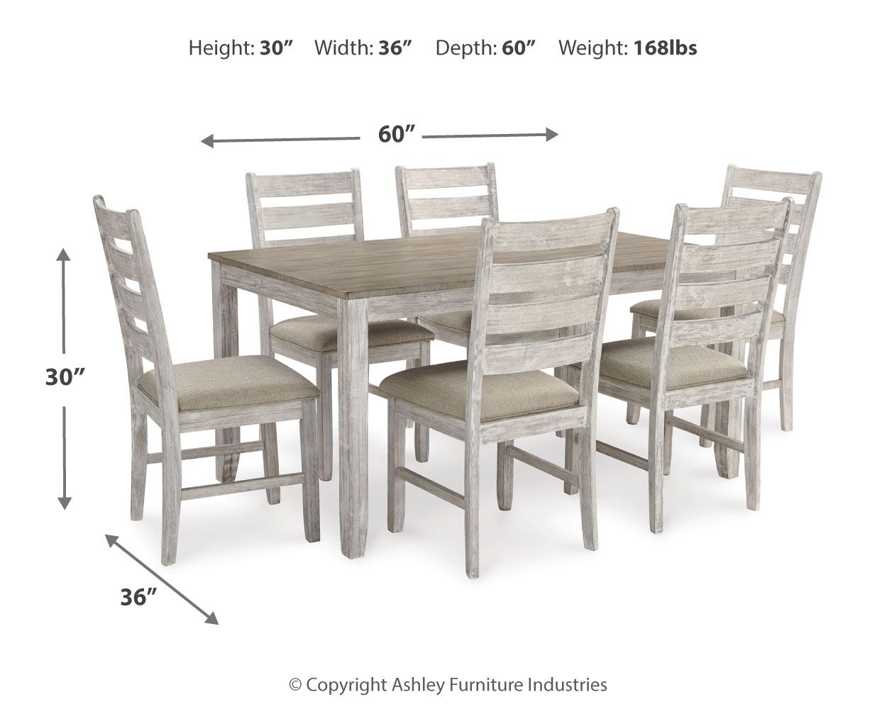 Dining table set with six white chairs, light wood-look finish, front view