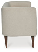 Beige upholstered accent bench side view with rounded arms and dark tapered legs
