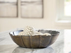 Metal decorative bowl with scalloped rim, dark interior and honeycomb sphere finial