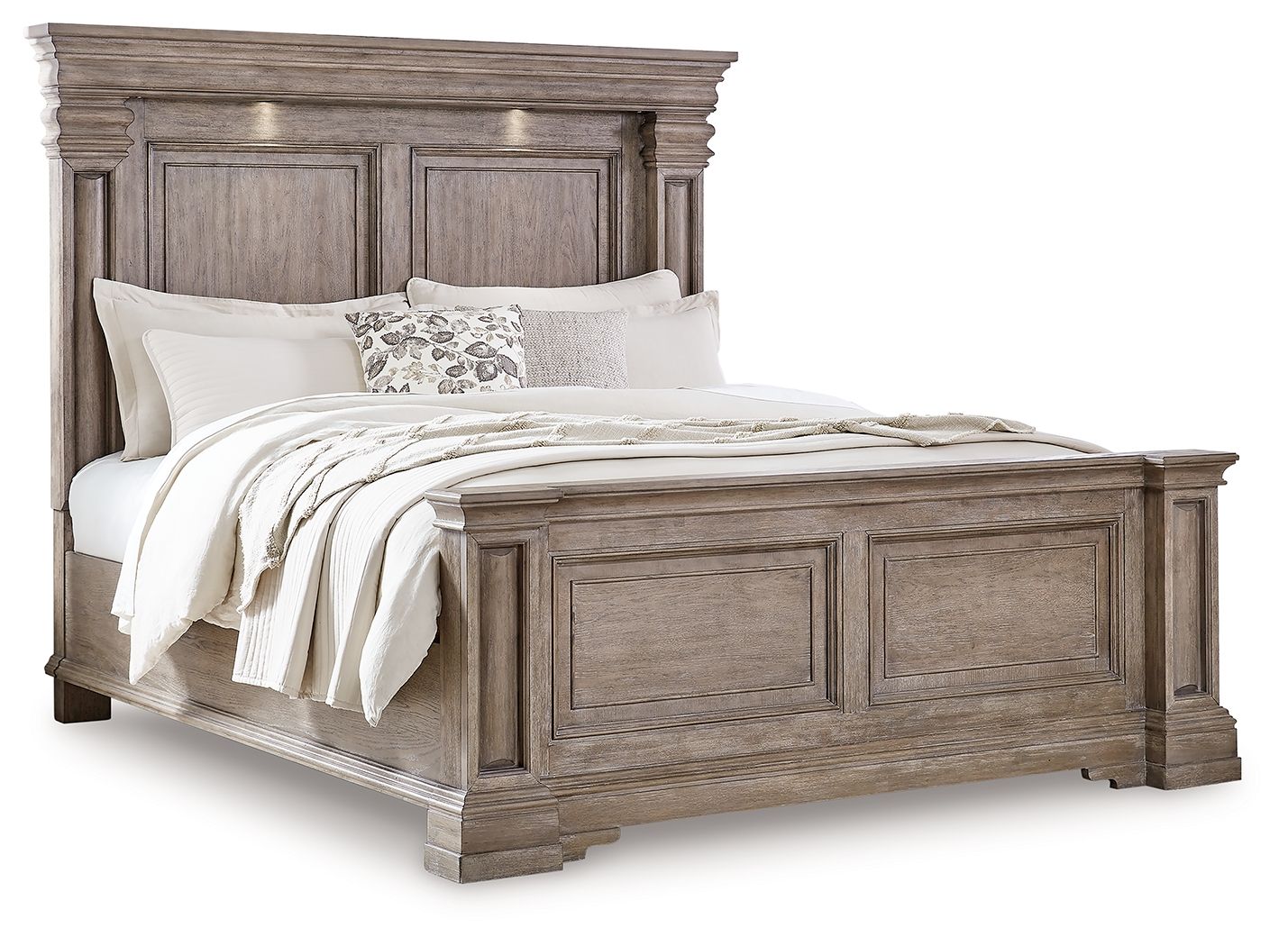Light brown panel bed frame with paneled headboard and footboard, posts and rails