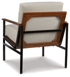 Tilden accent chair with ivory backrest and seat, brown wood trim and black legs