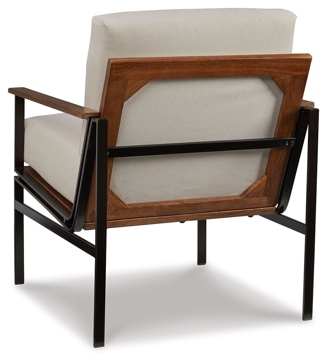 Tilden accent chair with ivory backrest and seat, brown wood trim and black legs