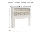 White panel bookcase headboard with tufted fabric panel and open shelf, side view