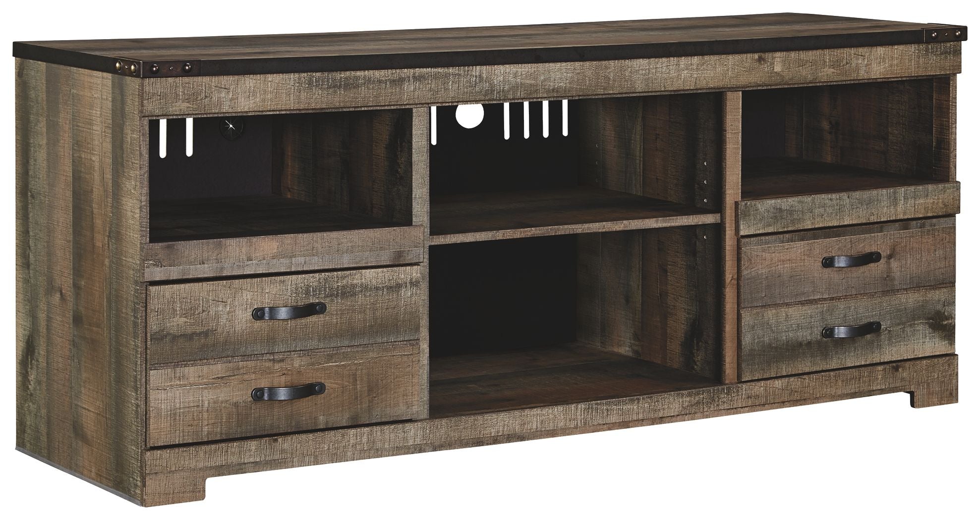 Dark brown wood TV stand with open center shelf, two drawers, and center back cutouts