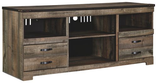 Dark brown wood TV stand with open center shelf, two drawers, and center back cutouts