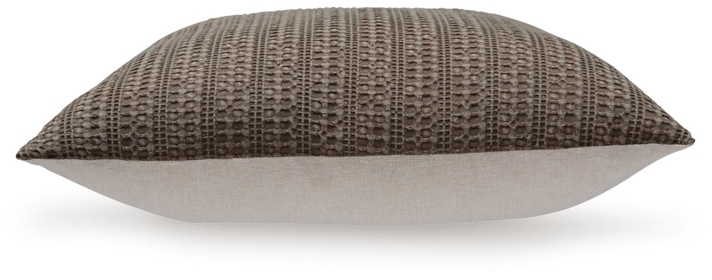 Dark brown textured pillow shown from the side, with woven vertical stripe pattern