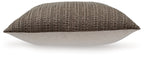 Dark brown textured pillow shown from the side, with woven vertical stripe pattern