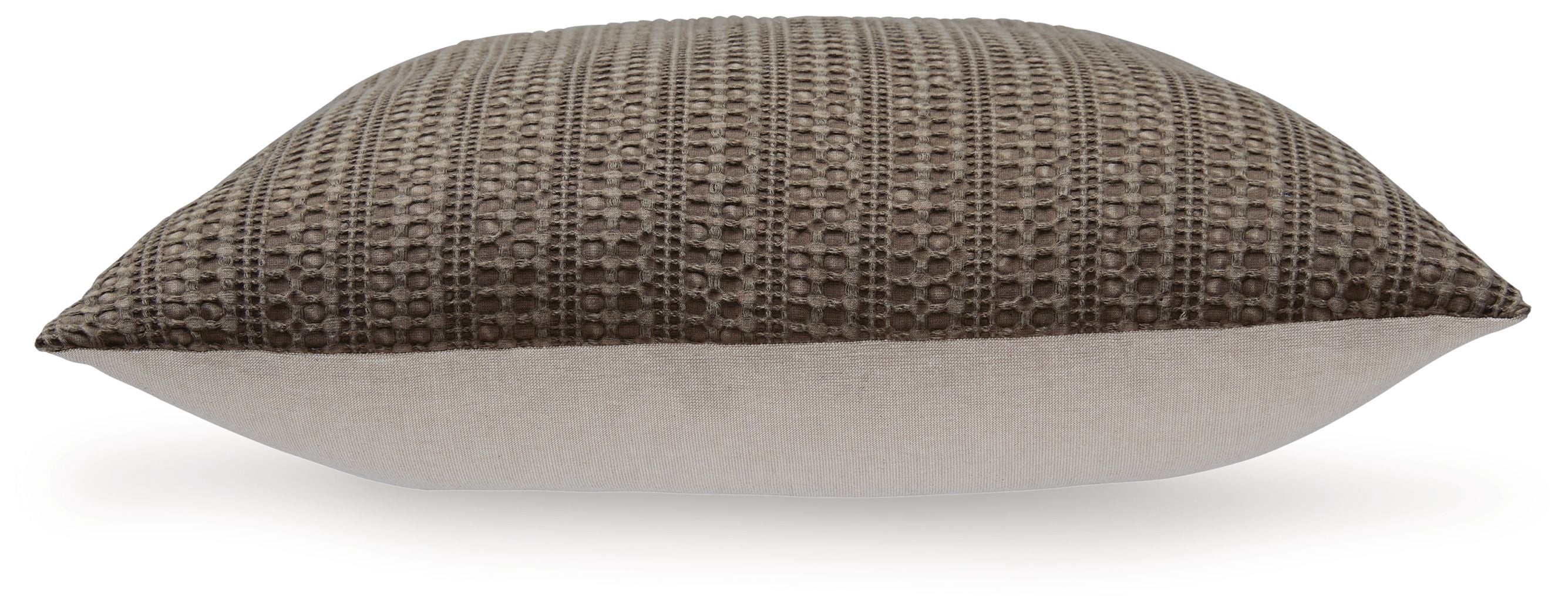 Dark brown textured pillow shown from the side, with woven vertical stripe pattern