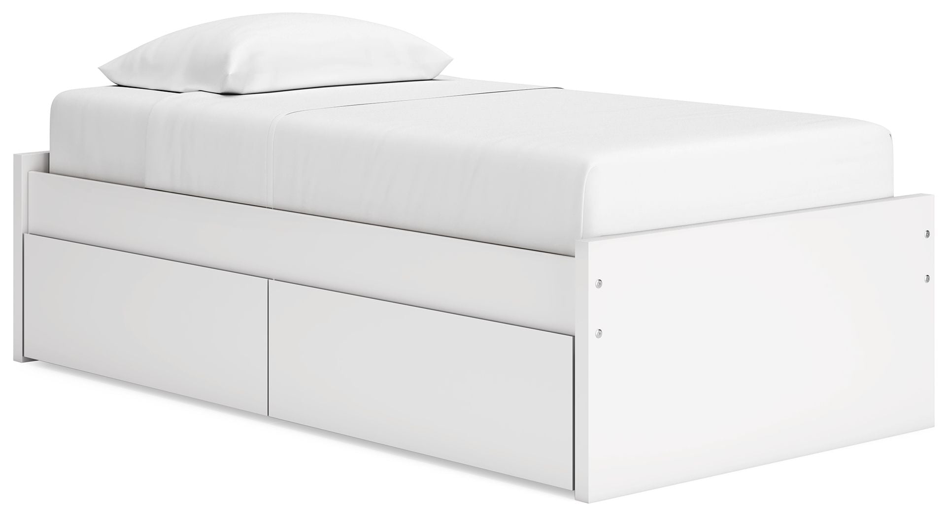 White platform bed with upholstered headboard and two side cabinet doors