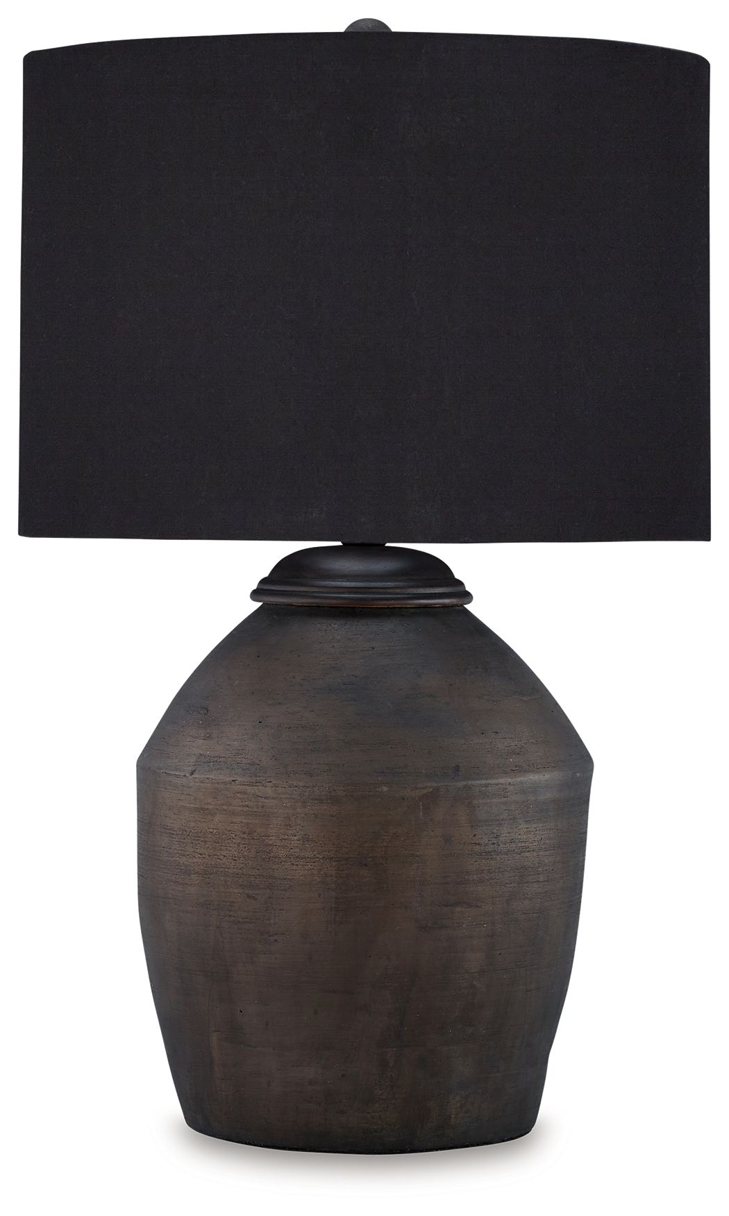 Table lamp with black fabric shade and dark bronze ceramic base
