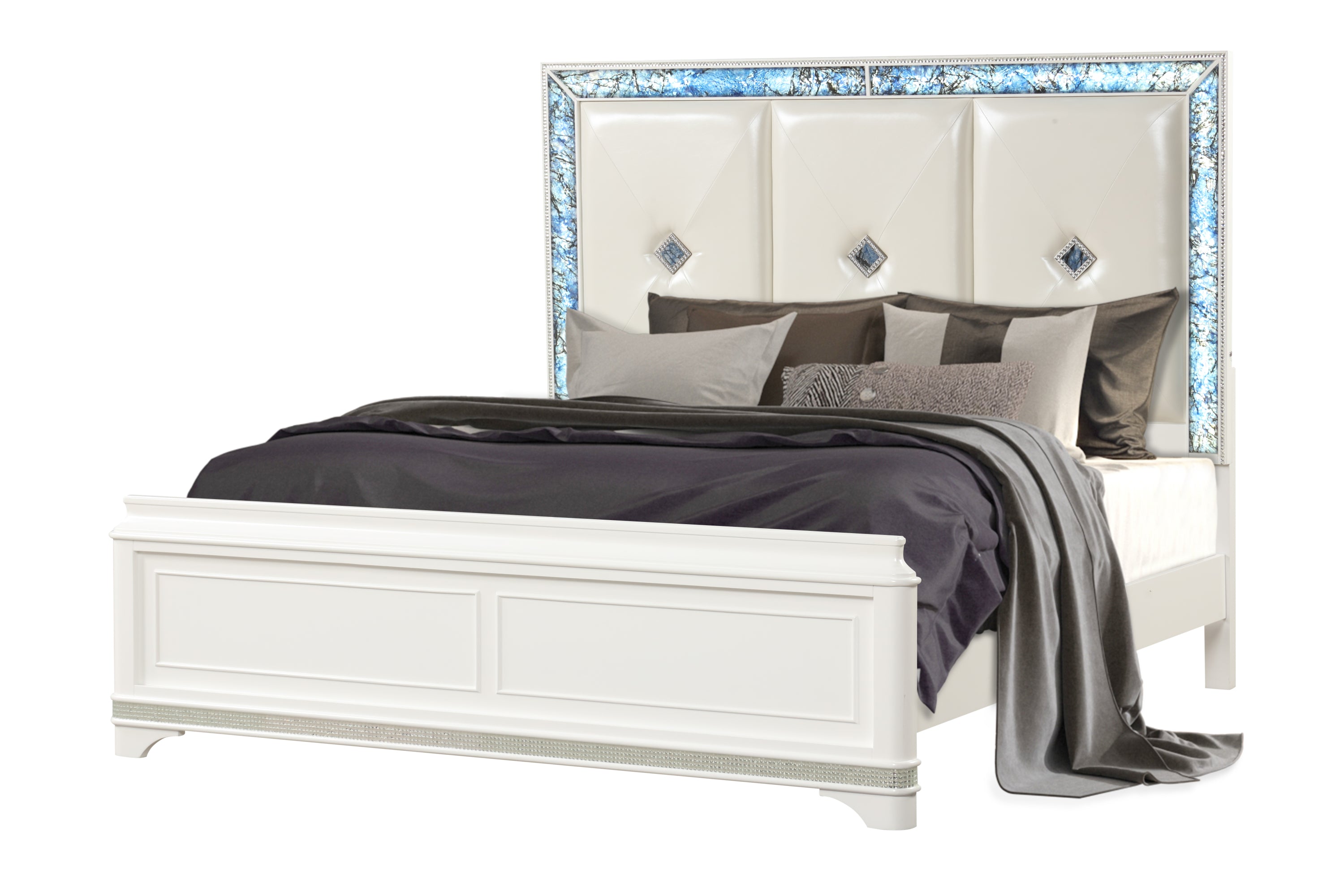 Laguna Modern Queen Upholstered Bed - Wood, LED, Crystal Accents, White
