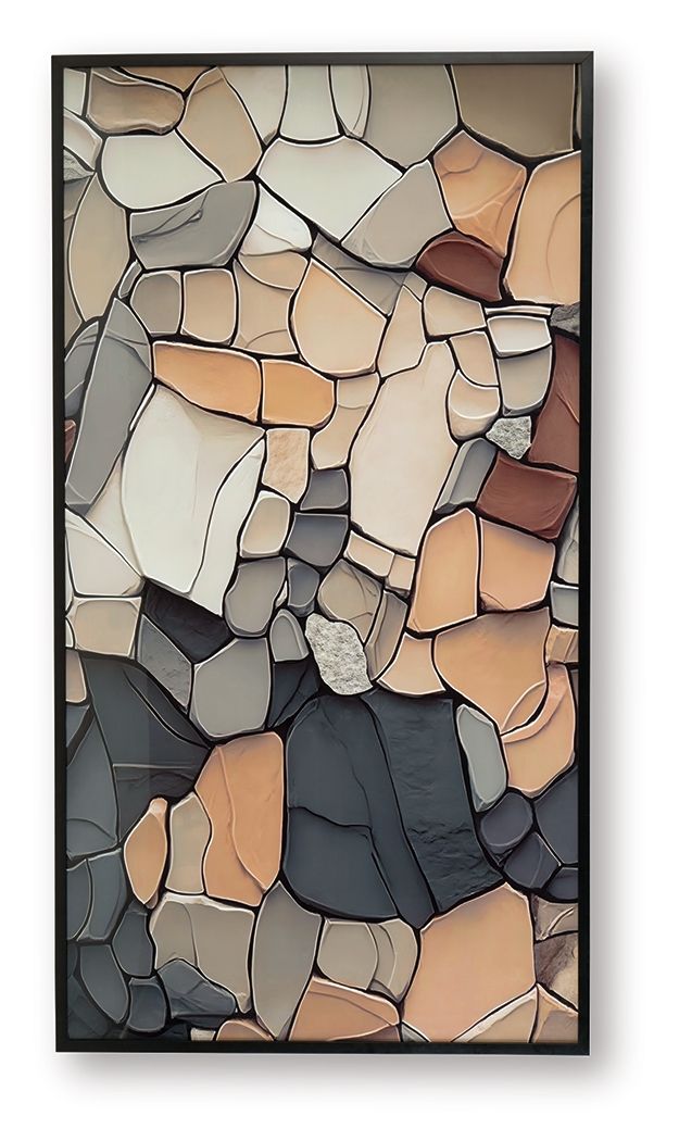 Framed abstract stone wall art print with mixed tan, gray, and white stone shapes