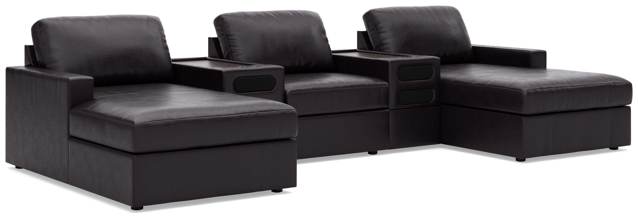 Sectional sofa with three chaise seats and headrests, dark upholstery, console detail
