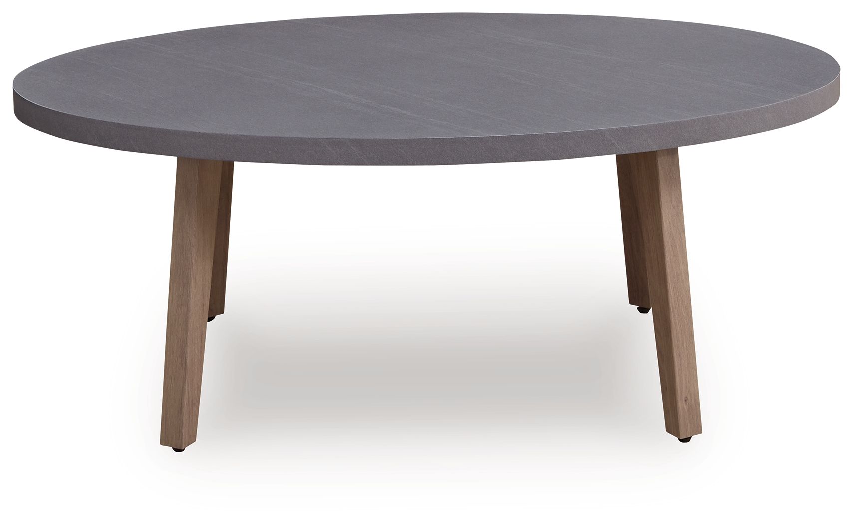 Oval gray cocktail table with four tapered legs, side view