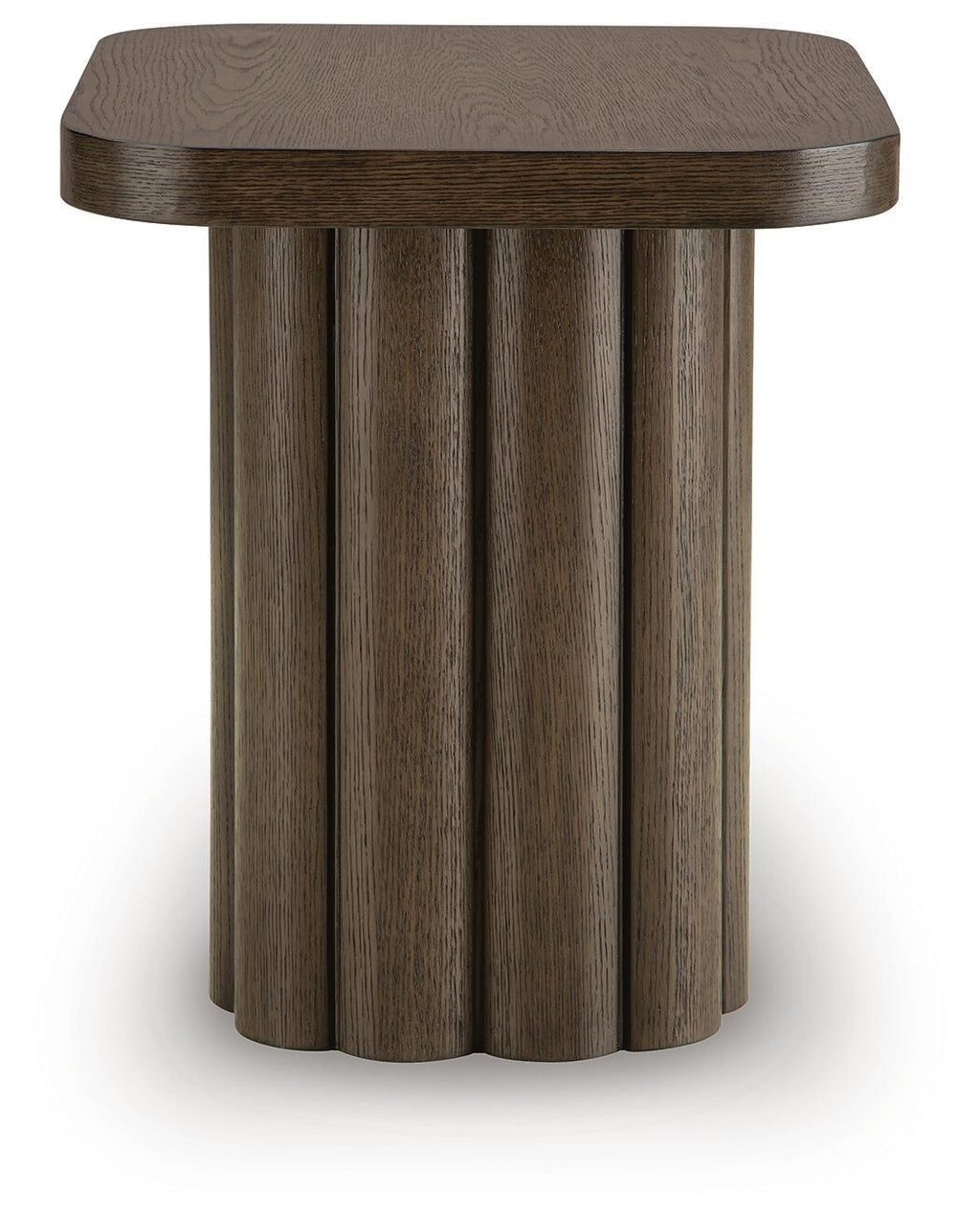 Dark brown wooden side table with circular top and fluted pedestal base