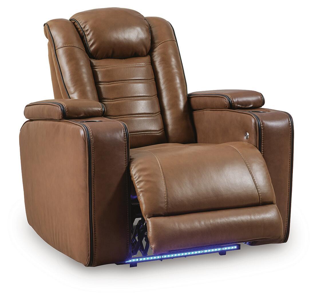 Brown power recliner chair with extended footrest and padded adjustable headrest