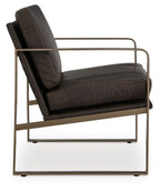 Dark brown accent chair with padded back and seat, gold metal base and rails