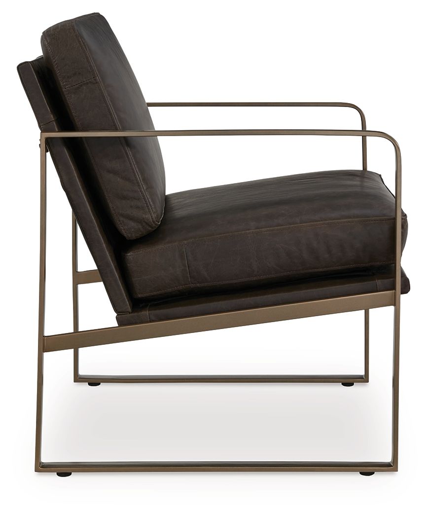 Dark brown accent chair with padded back and seat, gold metal base and rails