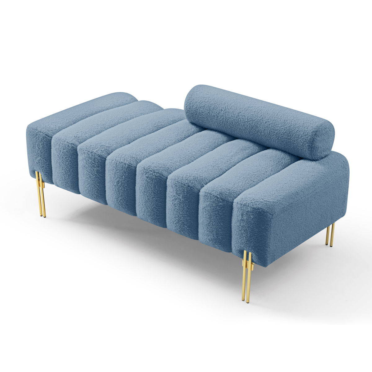 Width Modern End Of Bed Bench Sherpa Fabric Upholstered 2 Seater Sofa Couch Entryway Ottoman Bench Fuzzy Sofa Stool Footrest Window Bench With Gold Metal Legs For Bedroom Living Room, Light Blue