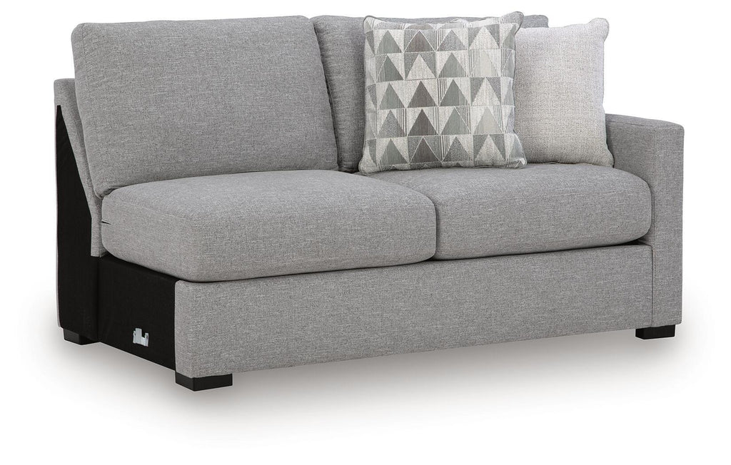 Pewter gray RAF sofa with open arms, two seat cushions, and geometric throw pillow