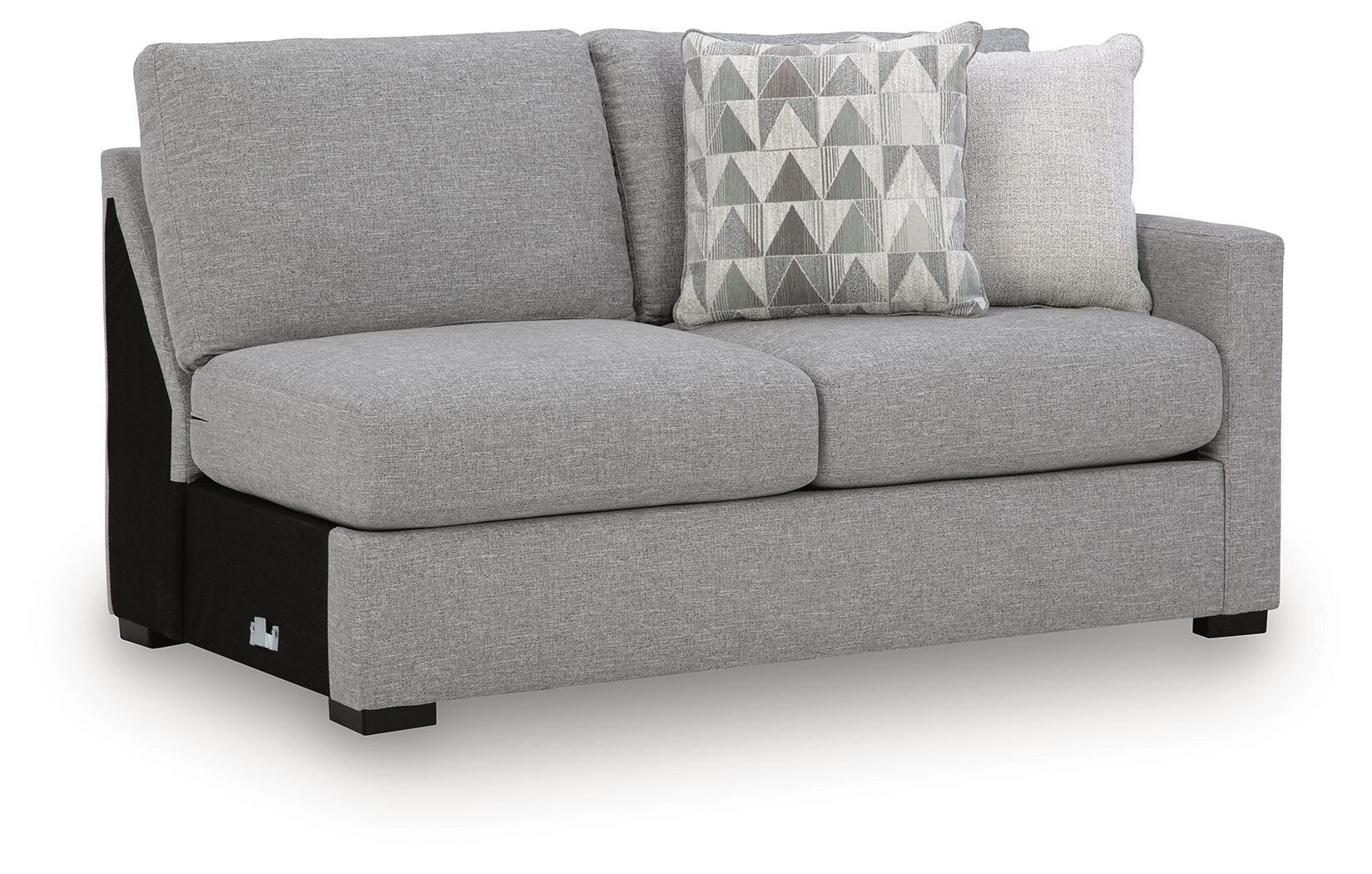 Pewter gray RAF sofa with open arms, two seat cushions, and geometric throw pillow