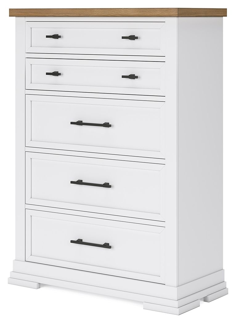 White five-drawer chest with black bar handles and a simple front panel
