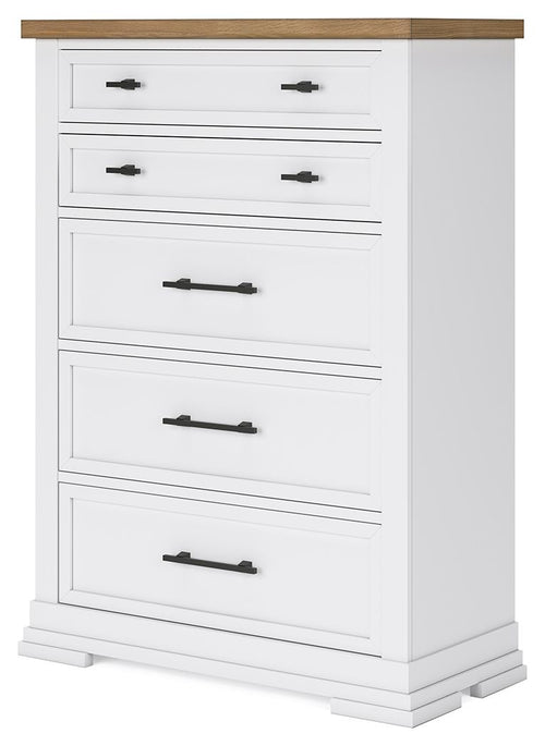 White five-drawer chest with black bar handles and a simple front panel