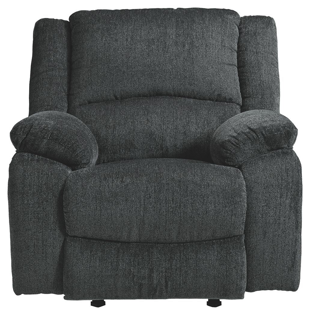Slate fabric rocker recliner chair with high backrest and rounded arm cushions