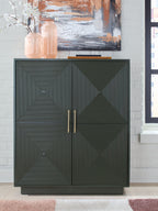 Dark green accent cabinet with geometric door panels and brass-tone double handles