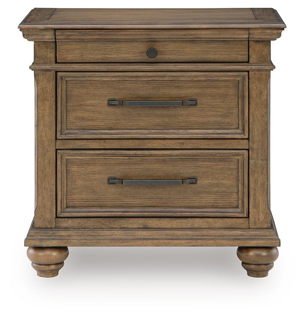 Medium brown wooden nightstand with two drawers and metal bar handles