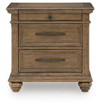 Medium brown wooden nightstand with two drawers and metal bar handles