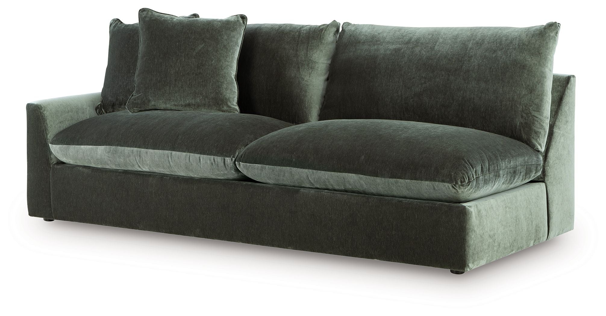 Jade green velvet sectional sofa with left-facing chaise and three back cushions