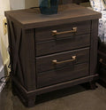 Dark brown two-drawer nightstand with two drawers and brass bar handles, square legs.