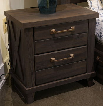 Dark brown two-drawer nightstand with two drawers and brass bar handles, square legs.