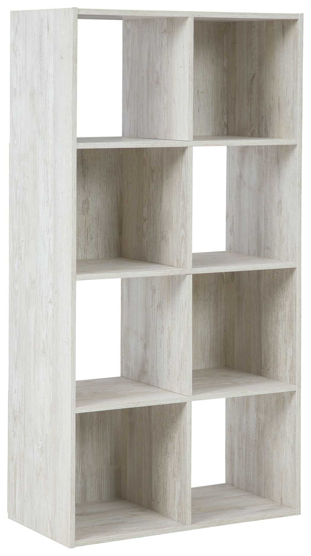 Whitewashed wood cube organizer with open cubbies in a grid layout