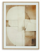 Framed abstract wall art print with tan, brown, and white geometric panels.