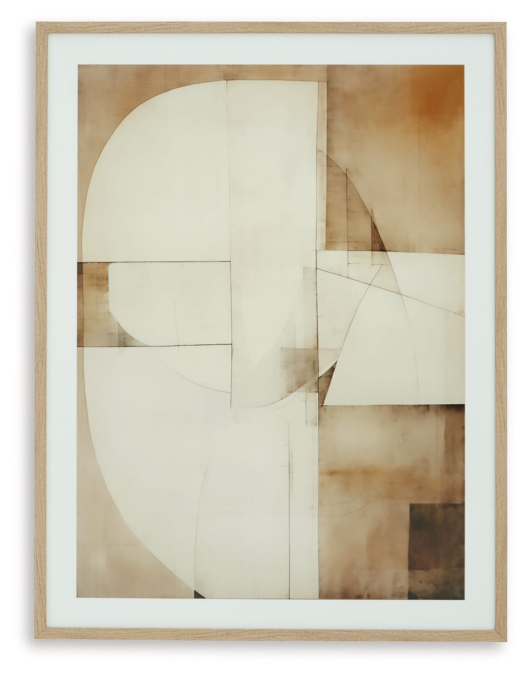 Framed abstract wall art print with tan, brown, and white geometric panels.